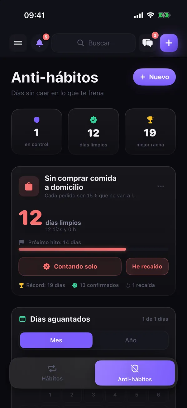 Pantalla de antihábitos de LifeOS