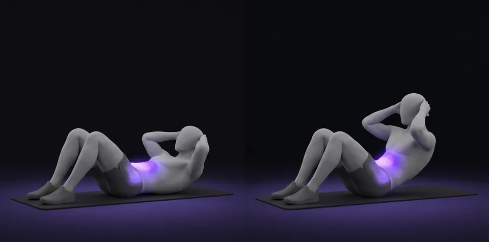 Abdominales sit-up: posición inicial y final, ilustración de LifeOS