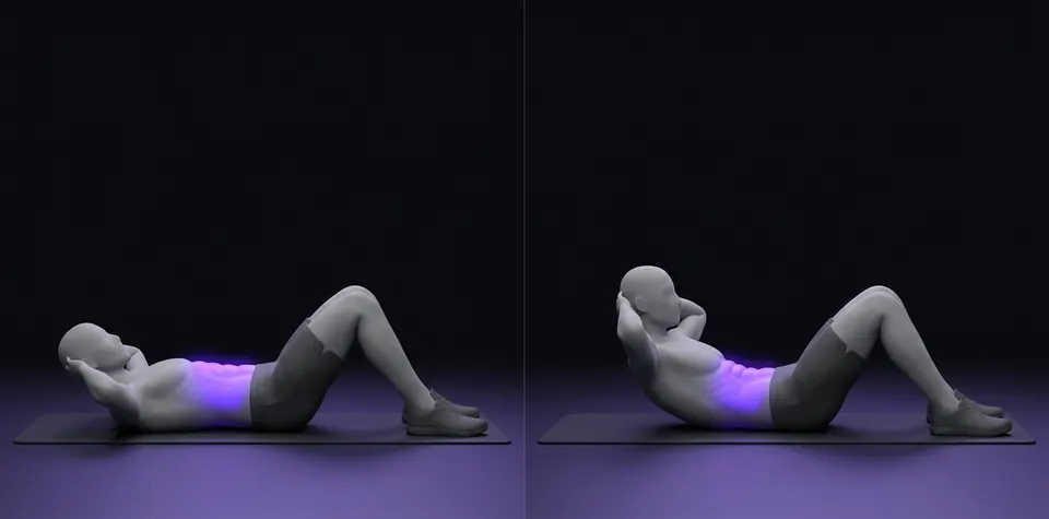 Crunch abdominal: posición inicial y final, ilustración de LifeOS