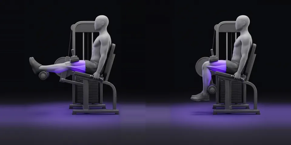 Curl femoral sentado en máquina: posición inicial y final, ilustración de LifeOS