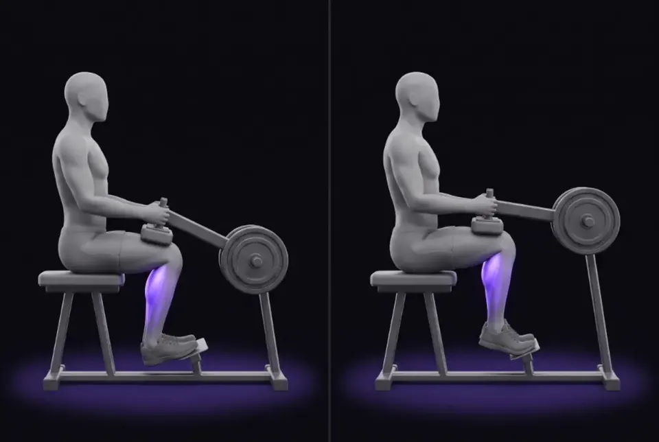 Elevación de gemelos sentado en máquina: posición inicial y final, ilustración de LifeOS