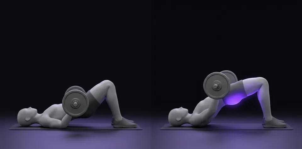 Hip thrust con barra: posición inicial y final, ilustración de LifeOS