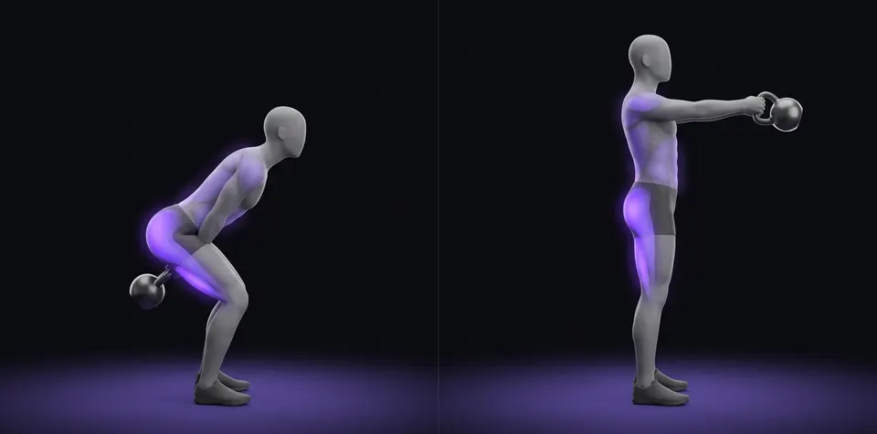 Kettlebell swing: posición inicial y final, ilustración de LifeOS