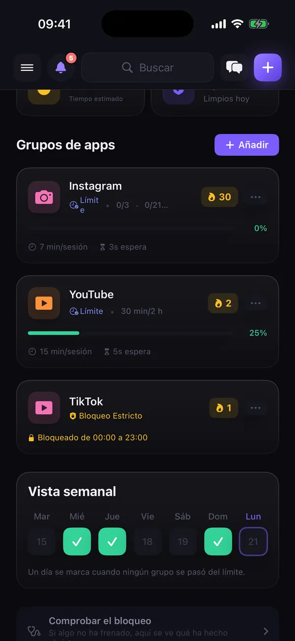 Grupos de apps con límite y racha en LifeOS