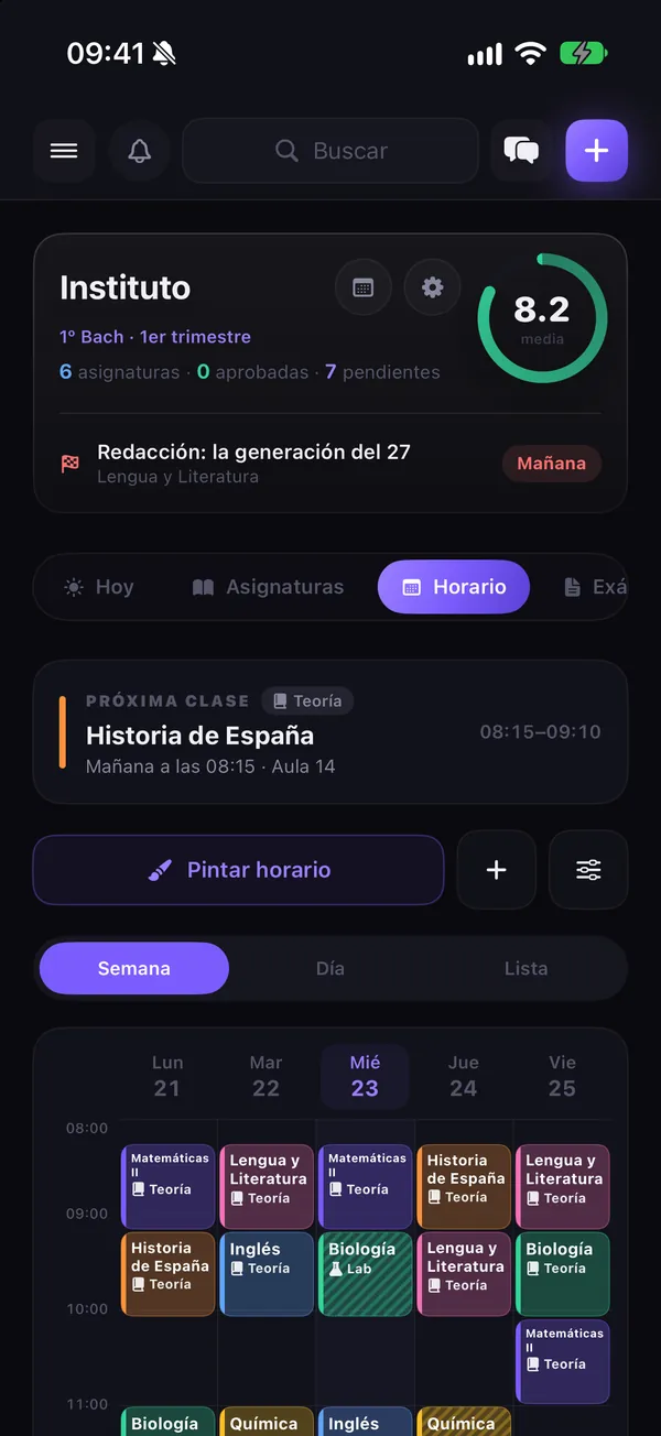 Horario semanal de instituto en LifeOS